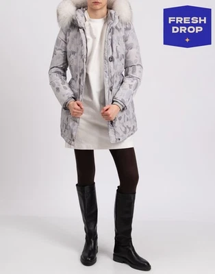 RRP €600 WOOLRICH Down Parka Jacket Size L Grey Camouflage Fox Fur Trim Hooded - Image 1 of 4