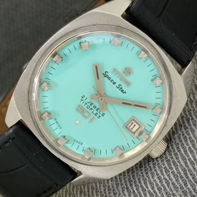VINTAGE TITONI SPACE STAR TITOFLEX SWISS MENS SEA GREEN COLOR DIAL WATCH a1891-U - Image 1 of 4