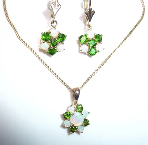 SET Pendientes Cadena Colgante Oro 585 Ópalos Australianos y Diópsidos Cromados 5,4g - Imagen 1 de 16