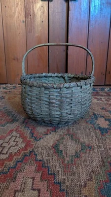 Best Antique Early Country Wood Gathering Basket Old Apple Green Paint 9.5" - Image 1 of 4