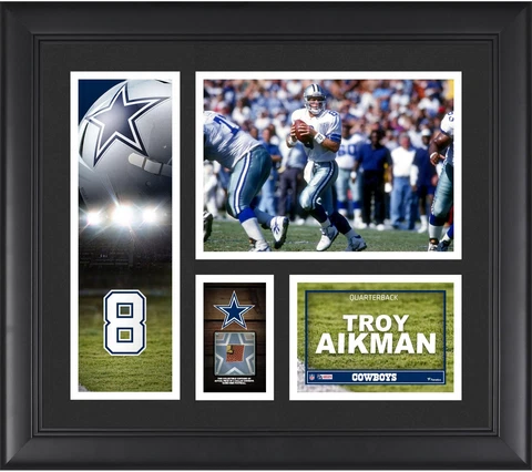Troy Aikman Dallas Cowboys Frmd 15" x 17" Player Collage & Piece of GU Football Cover