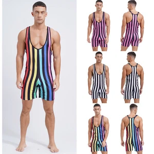 Mens Jumpsuit Fitness Rompers Bodybuilding Bodysuit Striped Casual Gym Corset - Picture 1 of 52
