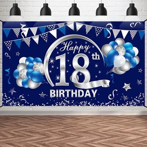 Blue Silver 18Th Birthday Banner Decorations for Men Boy - Happy 18 Birthday Bac - Picture 1 of 6
