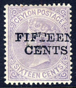 CEYLON QV 1885 Surcharged 15 Cents on 16c. Violet VARIETY DAMAGED FT SG 186 MINT - Picture 1 of 2