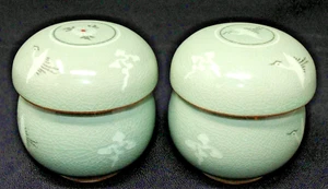 PAR de tazas de té de cerámica Celadon con tapas e infusores, grúas de esmalte craquelado 6 oz EC - Imagen 1 de 15