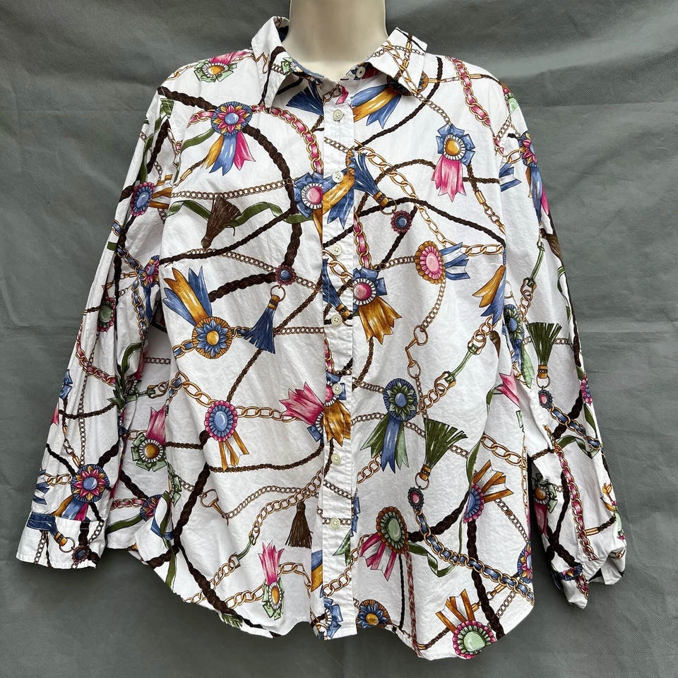 TALBOTS Sz 2Xp Equestrian Links Ribbons Shirt Collared Button Front Top Cotton - Image 1 of 4