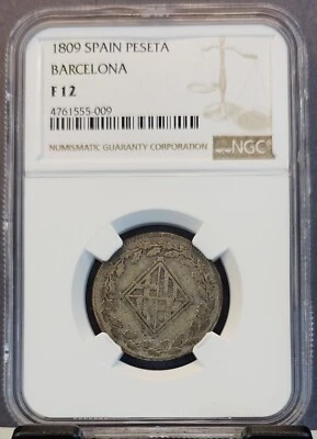 1809 SPAIN SILVER 1 PESETA BARCELONA LOZENGE SHIELD NGC F 12 VERY RARE - Image 1 of 3