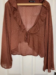 Boohoo Women’s Sheer Ruffle Blouse - UK 14 - Rust Brown with Gold dots - Picture 1 of 5