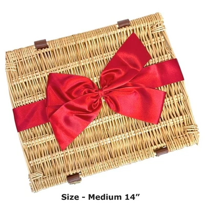 Empty Natural Wicker Hamper Baskets with Lids & Red Satin Bow - Christmas hamper - Image 1 of 4
