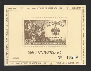 US, STAMPA PRIVATA, BOY SCOUTS 70° ANNIVERSARIO, CARTOLINA RICORDO (1980) MINT - Foto 1 di 2