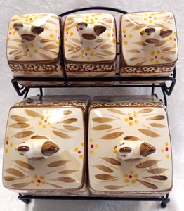 Temptations Old World Brown 5  Canister Set W Chickens & Wire Metal Holder - Picture 1 of 15