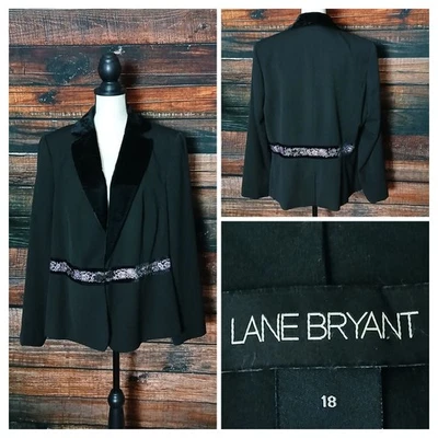 Lane Bryant Blazer Jacket Plus Size 18 Black Velvet Trim Embroidered Knot Button - Image 1 of 4