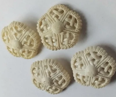 4 Vintage Ivory Plastic Lace-Style Shank Buttons – Intricate Carved Design - Image 1 of 4