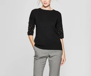 A New Day™ Women's Short Sleeve Pearl Embellished Pullover Sweater black Size XL - Picture 1 of 10