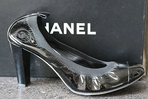 NIB CHANEL CLASSIC LOGO BLACK PATENT Cap Toe Stretch Ballet Pumps Shoes 38.5 - Picture 1 of 8