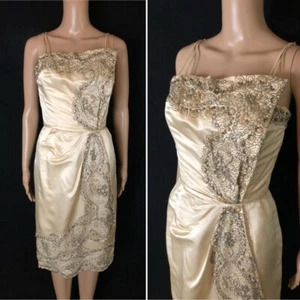Vintage 1950s CEIL CHAPMAN Ivory Silk Satin Beaded Rhinestone Party Dress XS - Picture 1 of 10