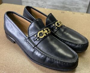 Salvatore Ferragamo Gancini Bit Loafers Dress Shoes Black Leather Logo Mens 10.5