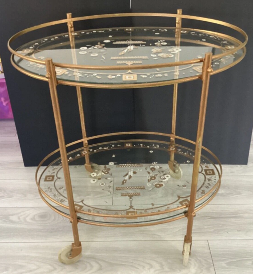 Vtg Gold Etch GlassRolling Bar Cart Tea Drinks Trolley Utility Wine Rack 60’s - Image 1 of 4