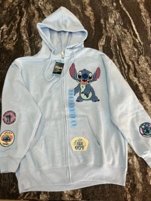 Disney Lilo & Stitch Womens Embroidered LARGE ZIP Hoodie Sweatshirt Lt Blue NEW - Image 1 of 4