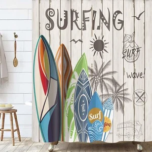 Rustic Beach Shower Curtains Tropical Surfboard Palm Tree on Beige Wooden Pla... - Picture 1 of 10