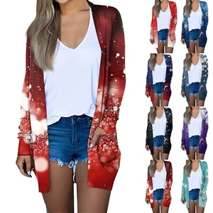 Women's Fashion Casual Christmas Printed Mid-Length Cardigan Long Sleeve Jacket - Picture 1 of 36