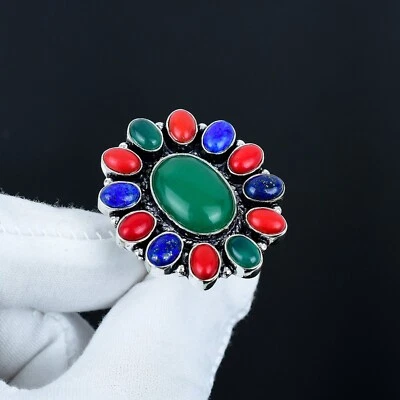 Verde Onice, Corallo Rosso Gemma Anello 925 Argento Sterling Mano Gioielli Gifts - Immagine 1 di 4
