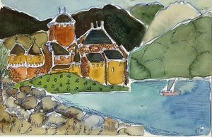 Original Artist Signed "BJB”Watercolor Painting Ink Accents “The Getty 2013 9x12 - Picture 1 of 9