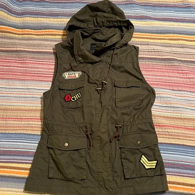 Love Tree Olive Green Hooded Utility Vest Patched Drawstring Women Large - Image 1 of 4