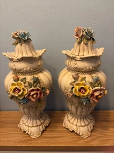 Pair Of Large Vintage Capodimonte Floral Porcelain Vases - Both 40cm high - Picture 1 of 10