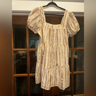 Usado en Excelente Condición Vestido Greylin Anthropologie Talla Grande Brillante Rayas Manga Abullonada Foto 1 de 4