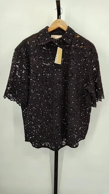 Camisa Michael Kors Mujer Negra Tachonada Floral Encaje Mangas Top Mediana Foto 1 de 3
