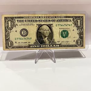 Binary Note $1 Dollar Bill Series 2013 (77447474) Fancy S/N * US Paper Currency - Picture 1 of 2