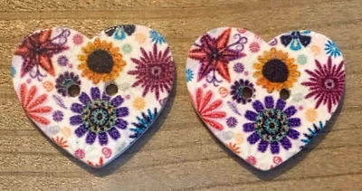 2 Floral Heart Sewing Buttons Crafting Wood 2 Hole 1"  - Image 1 of 2