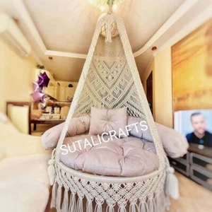 Macrame Hammock Chair, Hanging Swing, Boho Round Swing, Indoor Outdoor Swing Set - Picture 1 of 4