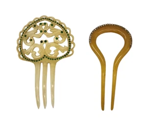 Vintage Lady’s Hair Combs Lot Of 2 Celluloid Plastic Butter Golden Rhinestones - Picture 1 of 6