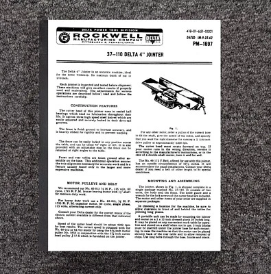 Instruction Operator Maint Manual Fits Rockwell Delta 37-110 4 Jointer PM-1697 - Image 1 of 4