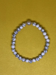 BRACELET Gemstones WHITE TURQUOISE 6mm & Pearl 8mm Garter 8" Fit Wrists 7-8" New - Picture 1 of 7