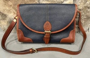 Vintage Liz Claiborne Navy Pebbled Leather Crossbody Bag W/ Brown Trim - Picture 1 of 7