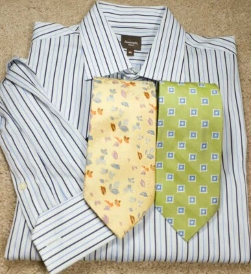 SANTORELLI Trim.Fit-Blue/Wht Cttn Stripe, Mens FC Dress Shirt, 2 NEW Ties-(16.L) - Image 1 of 4