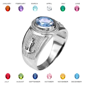 Sterling Silver Mariner Anchor Band CZ Birthstone Ring - Picture 1 of 24