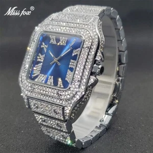 Hip Hop Luxury Ice out Men's Watch Iced Bling Diamond Silver Square Waterproof - Picture 1 of 7