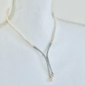 Swarovski Cubic Zirconia Arabella Freshwater Pearl Lariat Necklace Sterling 925 - Picture 1 of 12