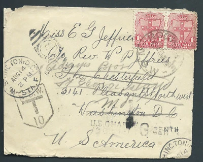 1912 NSW Australia Postal Cover ROCKDALE to USA T10 Tax Due Multiple Redirection - Image 1 of 4