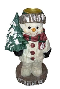 Adorable Snowman Holding Christmas Tree Tapered Candle Stick Holder Resin - Picture 1 of 6