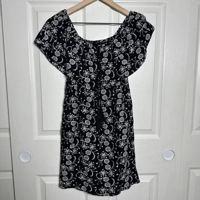 Aqua XS Off-Shoulder Embroidered Boho Black Dress Tiered Ruffle Mini Señorita - image 1 of 4