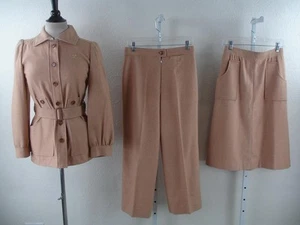 Women's Vtg 1960s Courreges Paris France Tan 3-Pc Suit Jacket Skirt Pants Wool - Picture 1 of 24