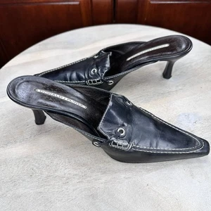 Donald J Pliner schwarze Leder-Pantoletten mit Absatz Größe 8 Slipper Pfennigabsatz Schuhe Y2K - Bild 1 von 12