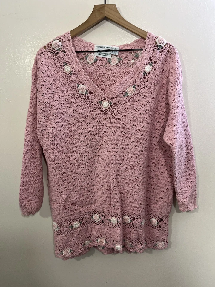 Suéter De Colección Cottagecore Romántico L Tejido a Mano Abuela Jardín Rosetas Floral Rosa Foto 1 de 4