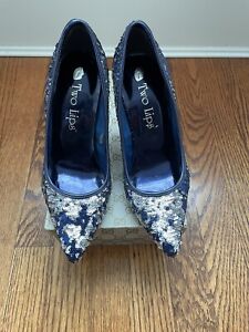 Sparkly Silver & Blue Sequins Pumps Stiletto Heels Shoes Size 7