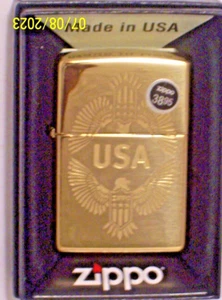 New Zippo Windproof Oil Lighter 48915 America USA Eagle High Polish Brass Etched - Picture 1 of 10